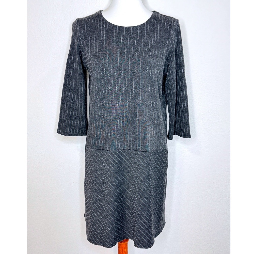 J. JILL Ponte Career Wear Shift Dress Medium Petite 3/4 Gray w. White Pinstripes